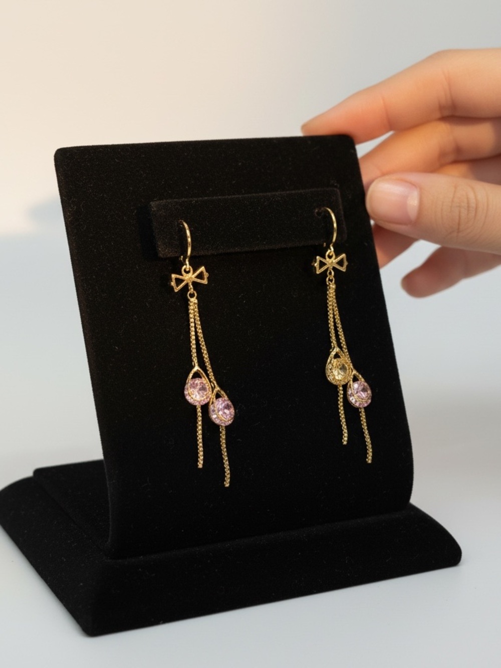 Gold  Plated Bow Dangle Earrings with Pink and Champagne Swarovski Crystals